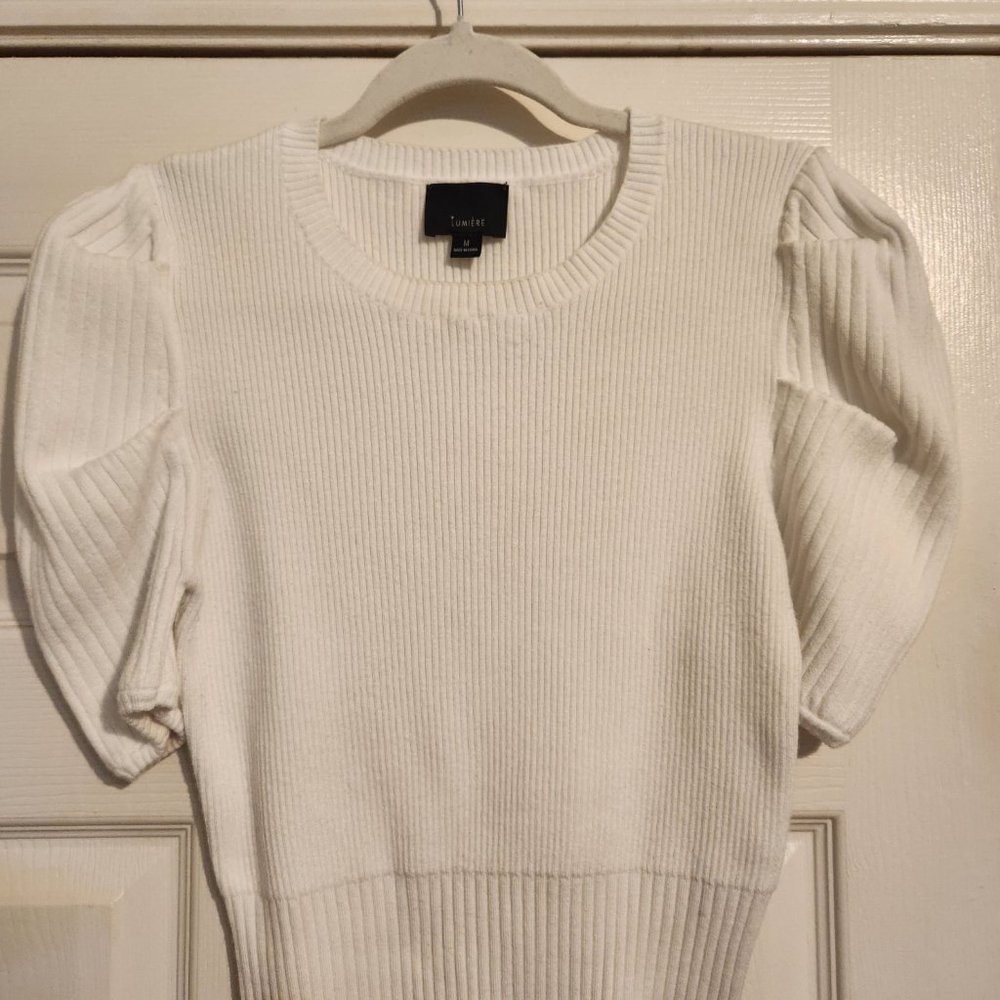 White Puff-Sleeve Ribbed Knit Tee - Lumiere Size M (Fits like a S) - Picture 3 of 10